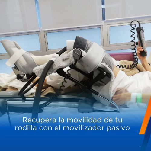 Movilizador pasivo de rodilla utilizado para rehabilitación después de cirugía, facilitando la recuperación y movilidad de la articulación