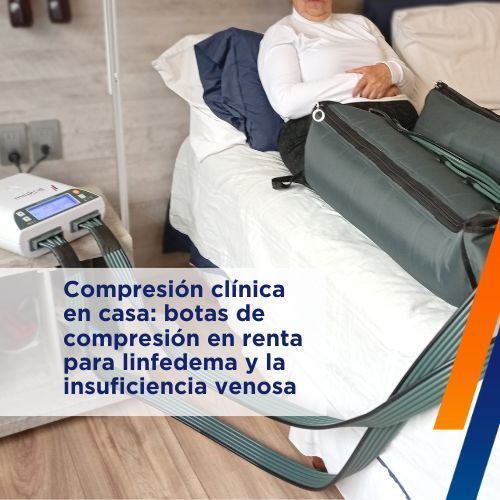 Paciente con linfedema usando botas de compresión en casa