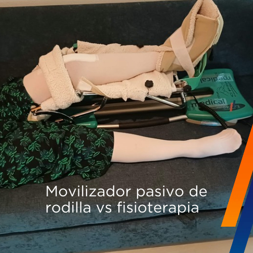 Paciente utilizando un movilizador pasivo de rodilla como complemento de la fisioterapia